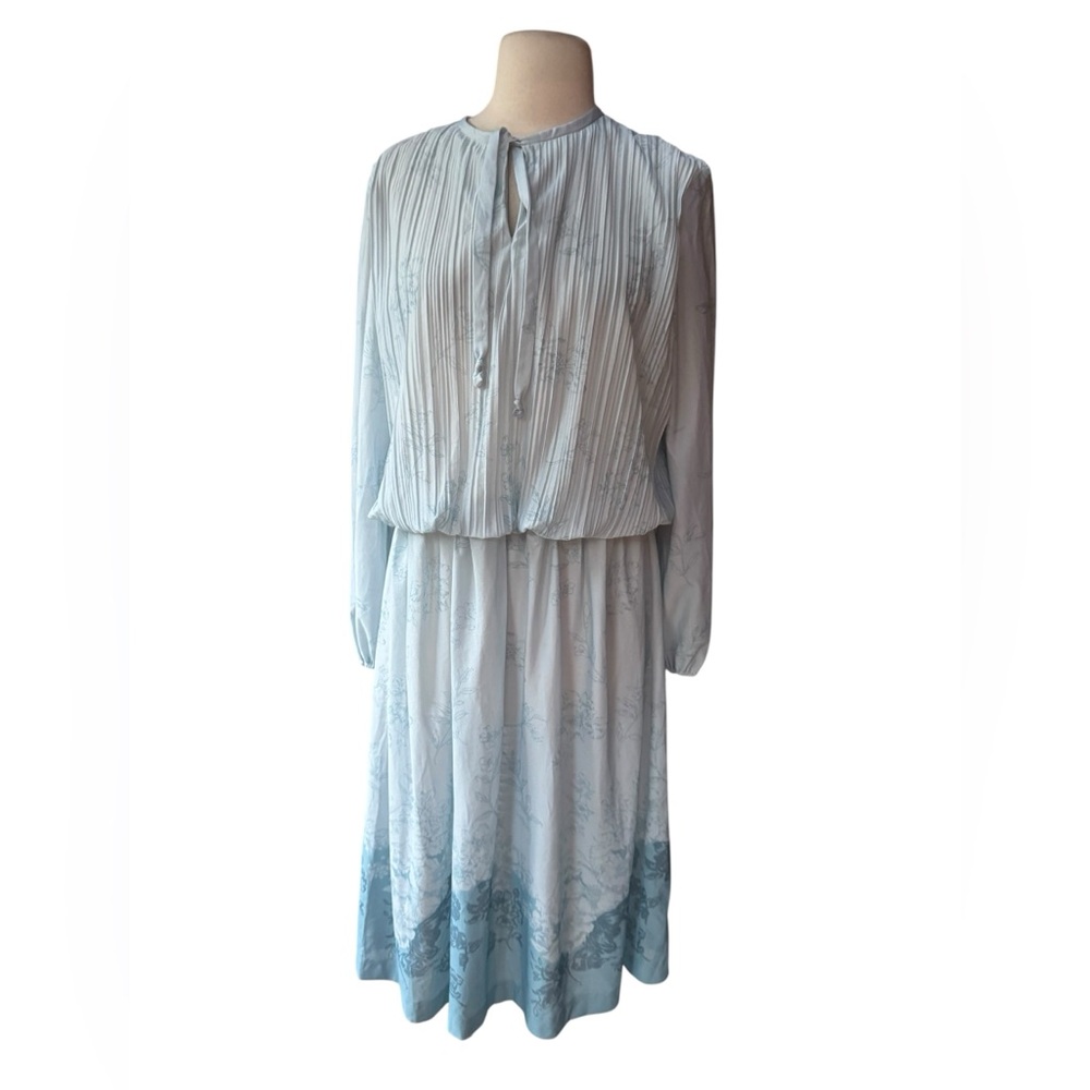 1970s Floral Pleated Poly Neck Tie Elasticized Waist Cottagecore‎ Dress
